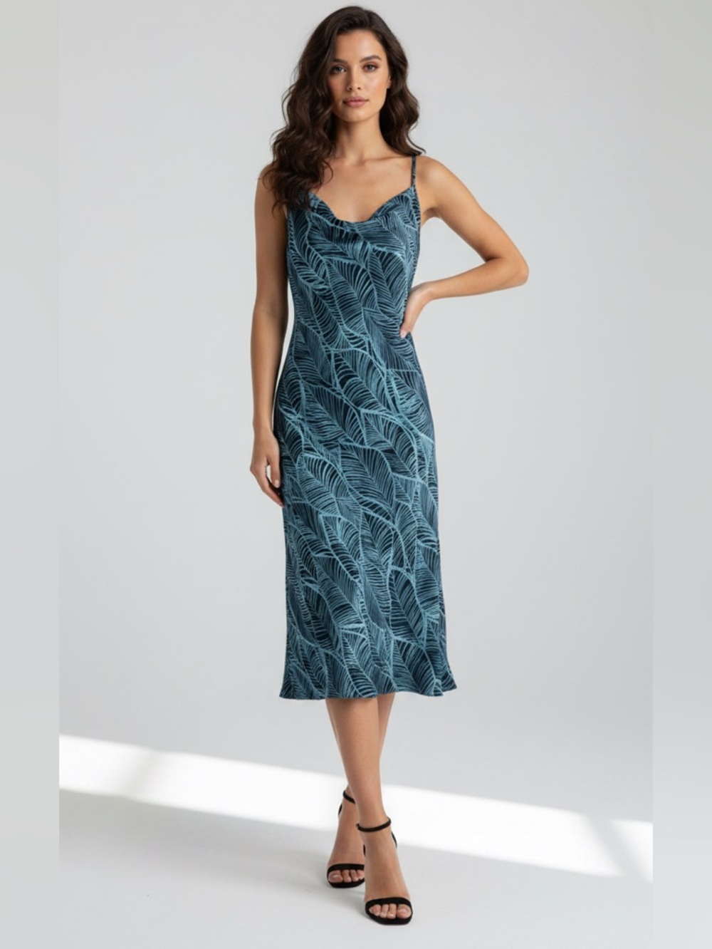 Express Y2K Spaghetti Strap Cowl Neck Midi Dress Green Palm Print